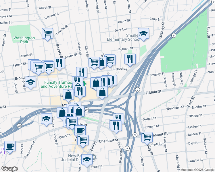 map of restaurants, bars, coffee shops, grocery stores, and more near 220 East Main Street in New Britain