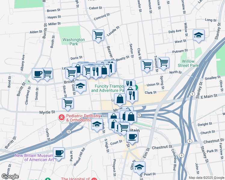 map of restaurants, bars, coffee shops, grocery stores, and more near 150 Washington Street in New Britain