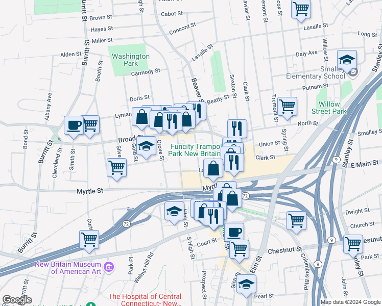 map of restaurants, bars, coffee shops, grocery stores, and more near 150 Washington Street in New Britain