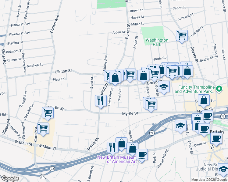 map of restaurants, bars, coffee shops, grocery stores, and more near 44 Smith Street in New Britain