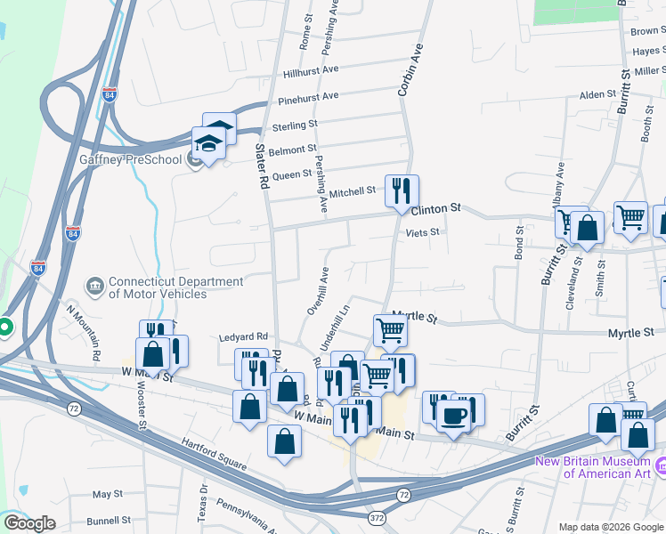 map of restaurants, bars, coffee shops, grocery stores, and more near 60 Elton Street in New Britain