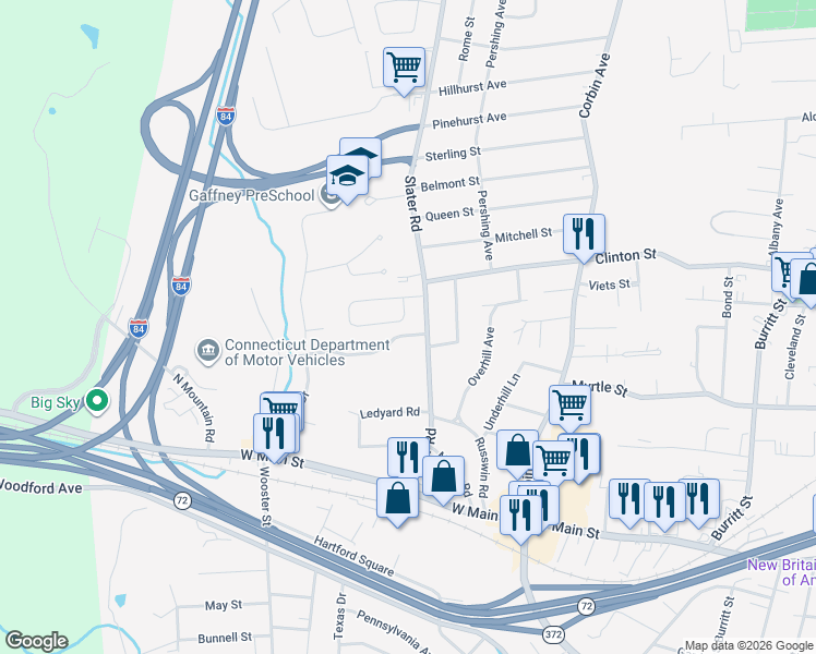 map of restaurants, bars, coffee shops, grocery stores, and more near 22 Beechwood Drive in New Britain