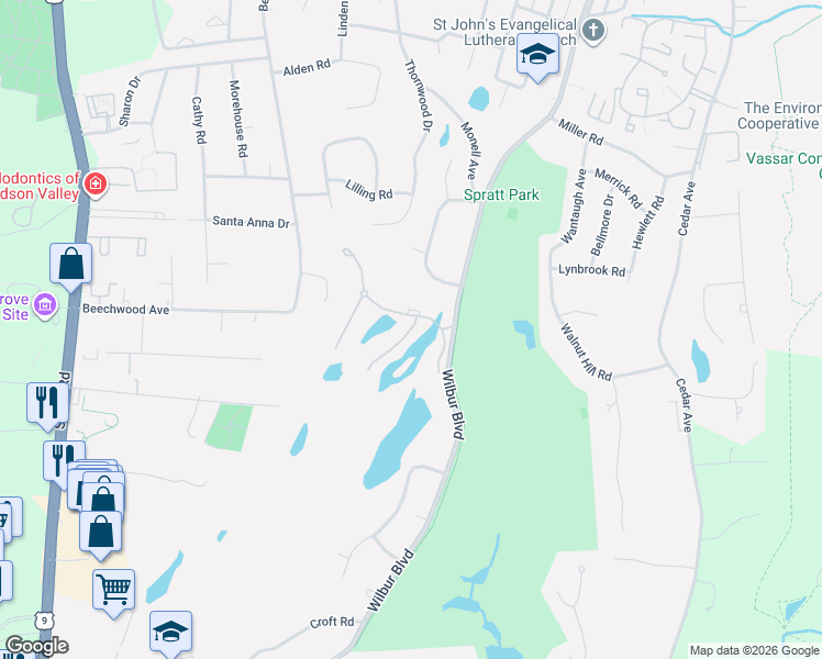 map of restaurants, bars, coffee shops, grocery stores, and more near 112 Turnberry Court in Poughkeepsie