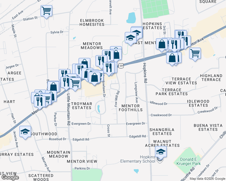 map of restaurants, bars, coffee shops, grocery stores, and more near 7311 Trotter Lane in Mentor