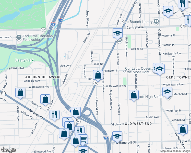 map of restaurants, bars, coffee shops, grocery stores, and more near 943 Post Street in Toledo