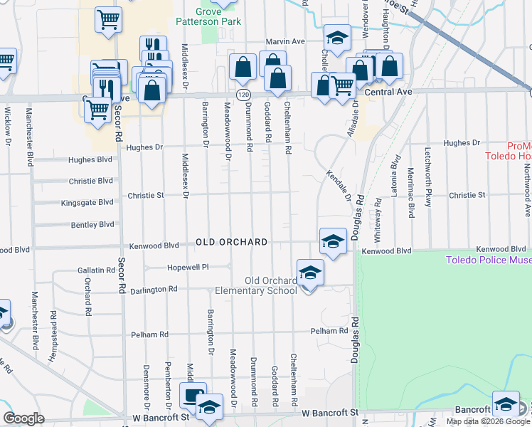 map of restaurants, bars, coffee shops, grocery stores, and more near 2624 Goddard Road in Toledo