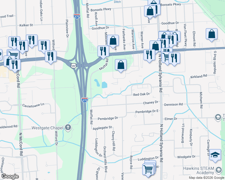 map of restaurants, bars, coffee shops, grocery stores, and more near 2774 Sweetbriar Court in Toledo