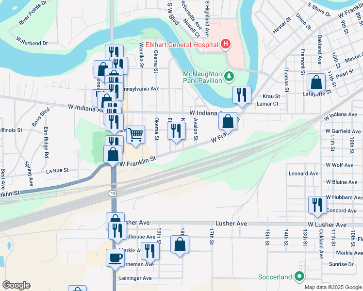 map of restaurants, bars, coffee shops, grocery stores, and more near 1812 West Franklin Street in Elkhart