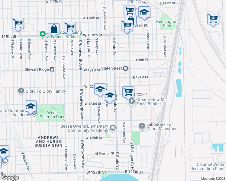 map of restaurants, bars, coffee shops, grocery stores, and more near 12234 South State Street in Chicago