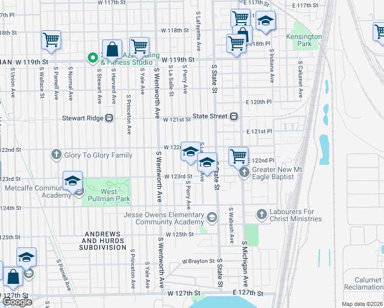 map of restaurants, bars, coffee shops, grocery stores, and more near 12232 South Lafayette Avenue in Chicago