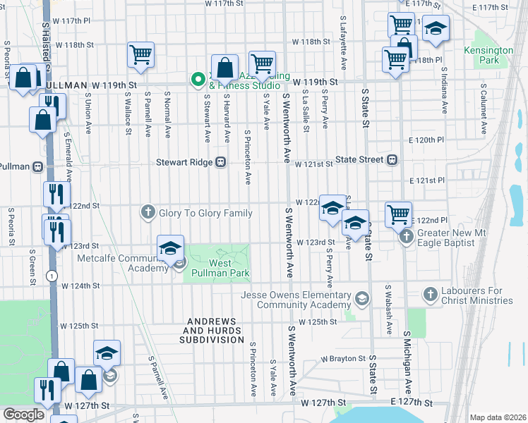 map of restaurants, bars, coffee shops, grocery stores, and more near 12230 South Yale Avenue in Chicago