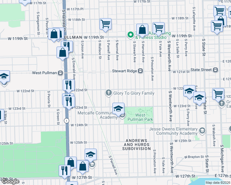 map of restaurants, bars, coffee shops, grocery stores, and more near 12235 South Normal Avenue in Chicago