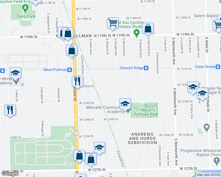 map of restaurants, bars, coffee shops, grocery stores, and more near 12242 South Parnell Avenue in Chicago