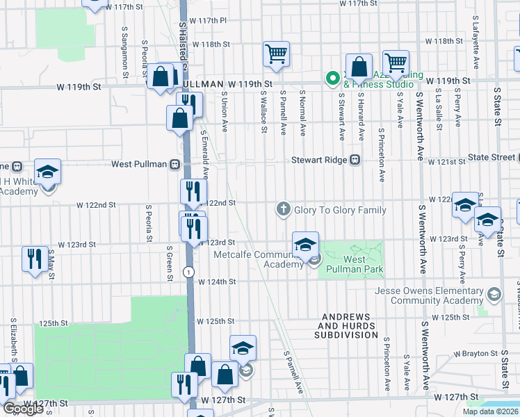 map of restaurants, bars, coffee shops, grocery stores, and more near 12226 South Wallace Street in Chicago