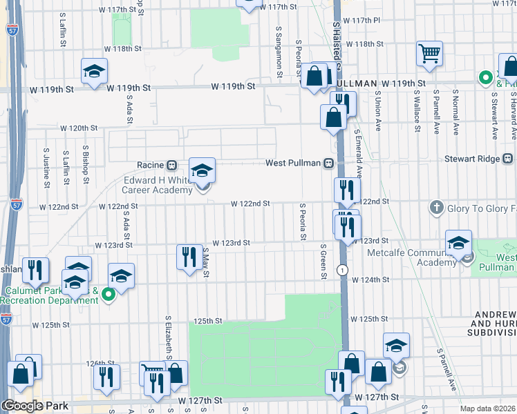 map of restaurants, bars, coffee shops, grocery stores, and more near 12225 South Morgan Street in Chicago