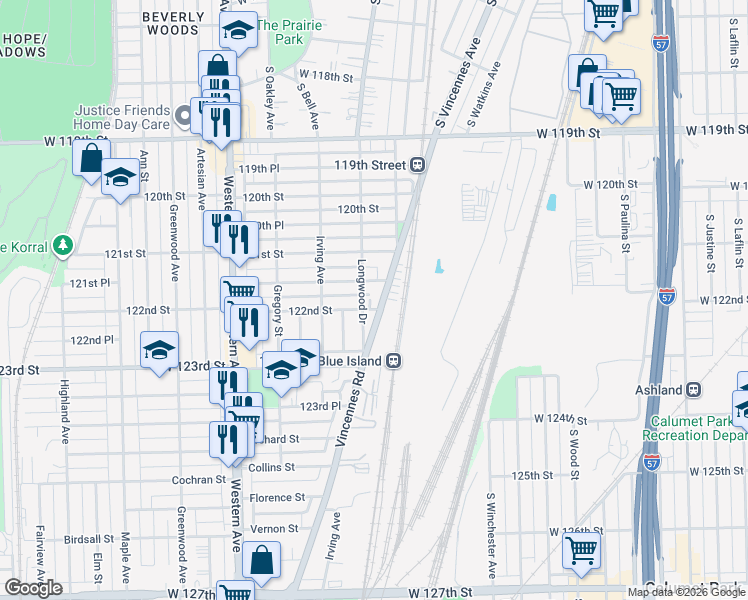 map of restaurants, bars, coffee shops, grocery stores, and more near 12201 Longwood Drive in Blue Island
