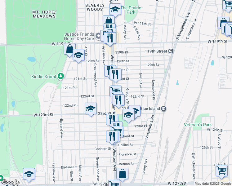 map of restaurants, bars, coffee shops, grocery stores, and more near 12215 Western Avenue in Blue Island