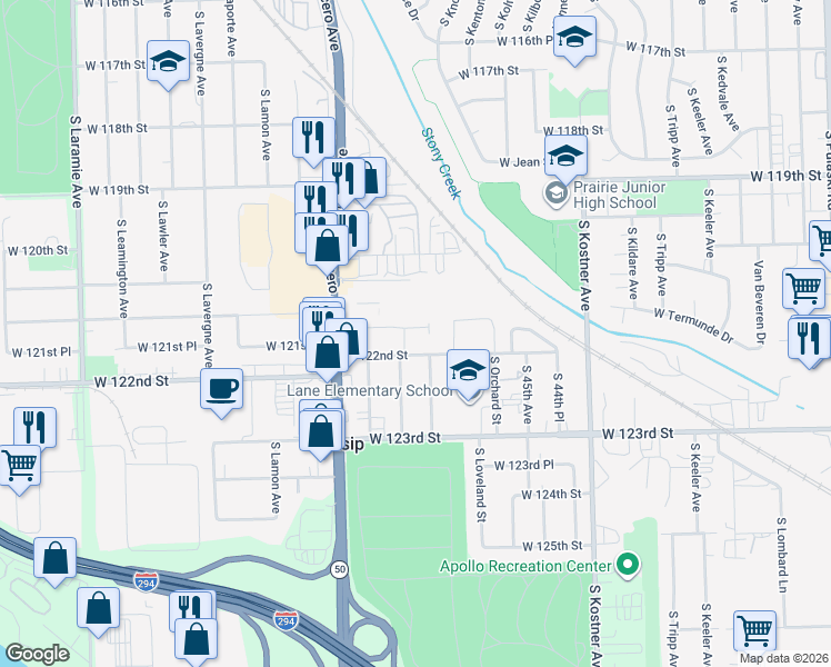 map of restaurants, bars, coffee shops, grocery stores, and more near 12159 South McDaniels Court in Alsip