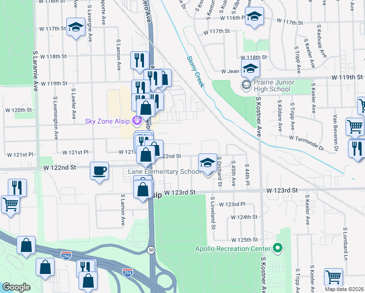map of restaurants, bars, coffee shops, grocery stores, and more near 12159 South McDaniels Court in Alsip