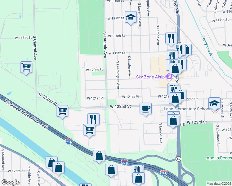 map of restaurants, bars, coffee shops, grocery stores, and more near 5117 West 121st Place in Alsip