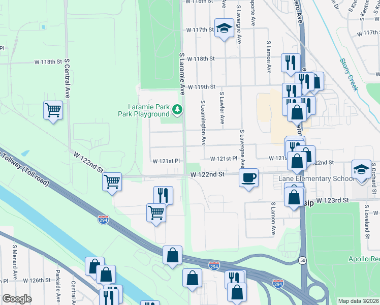 map of restaurants, bars, coffee shops, grocery stores, and more near 12125 South Laramie Avenue in Alsip