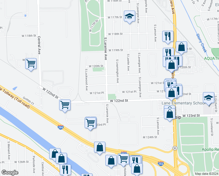 map of restaurants, bars, coffee shops, grocery stores, and more near 12125 South Laramie Avenue in Alsip