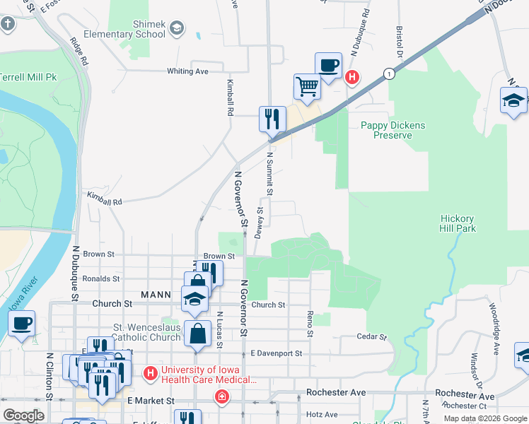 map of restaurants, bars, coffee shops, grocery stores, and more near 900 North Summit Street in Iowa City