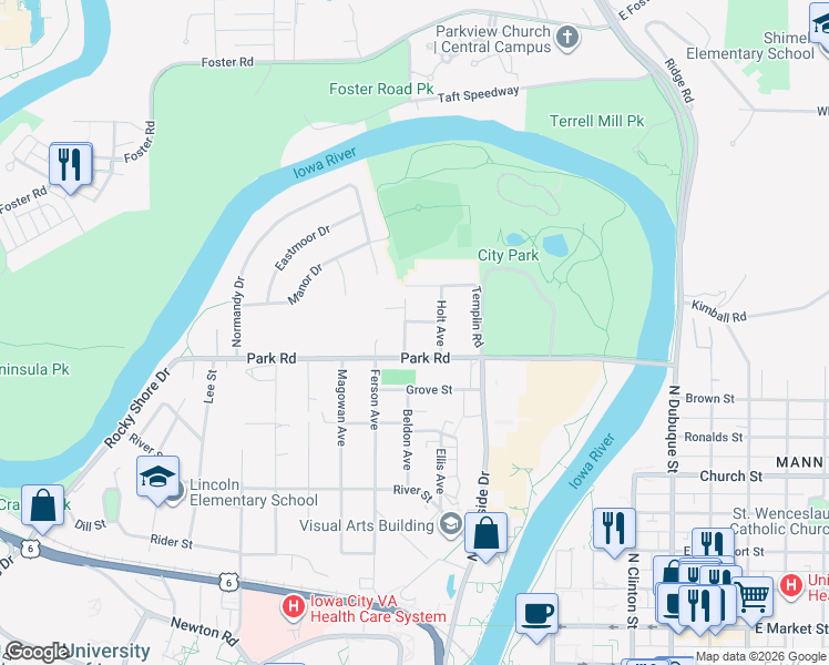 map of restaurants, bars, coffee shops, grocery stores, and more near 501 Beldon Avenue in Iowa City