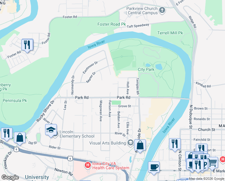 map of restaurants, bars, coffee shops, grocery stores, and more near 501 Beldon Avenue in Iowa City