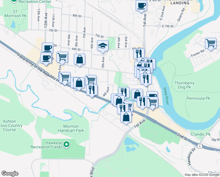 map of restaurants, bars, coffee shops, grocery stores, and more near 327 2nd Street in Coralville