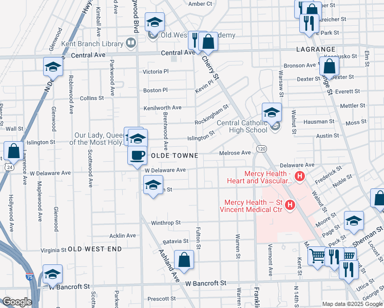 map of restaurants, bars, coffee shops, grocery stores, and more near 333 Melrose Avenue in Toledo