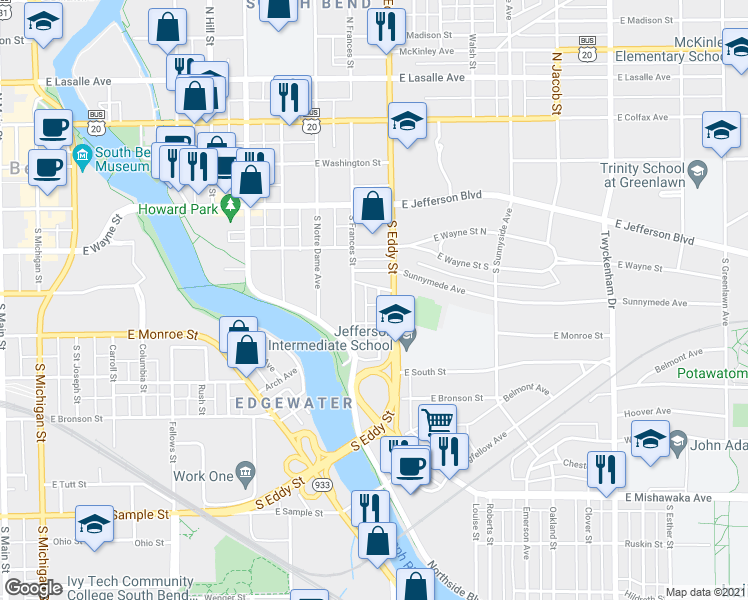 map of restaurants, bars, coffee shops, grocery stores, and more near 415 Parry Street in South Bend