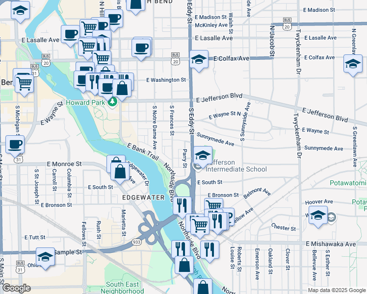 map of restaurants, bars, coffee shops, grocery stores, and more near 415 Parry Street in South Bend