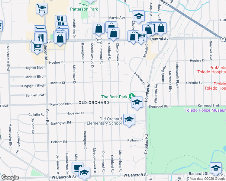 map of restaurants, bars, coffee shops, grocery stores, and more near 2624 Goddard Road in Toledo