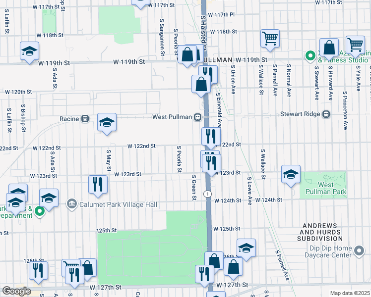 map of restaurants, bars, coffee shops, grocery stores, and more near 849 West 122nd Street in Chicago