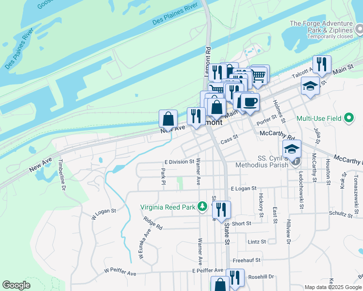 map of restaurants, bars, coffee shops, grocery stores, and more near 0 East Illinois Street in Lemont