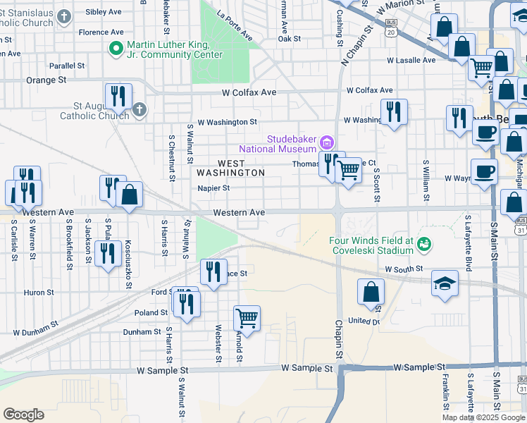 map of restaurants, bars, coffee shops, grocery stores, and more near 1109 West Western Avenue in South Bend