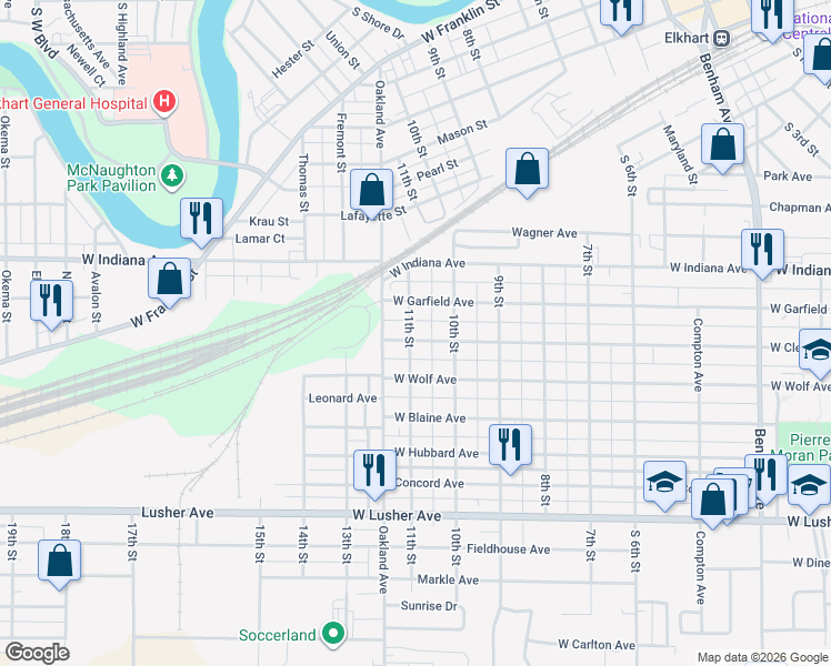 map of restaurants, bars, coffee shops, grocery stores, and more near 1626 11th Street in Elkhart