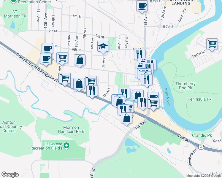 map of restaurants, bars, coffee shops, grocery stores, and more near 301 4th Avenue in Coralville