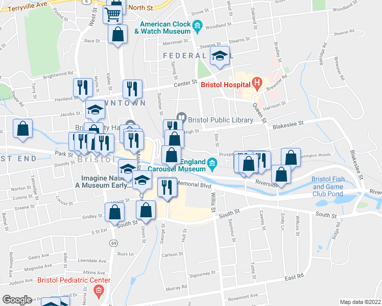 map of restaurants, bars, coffee shops, grocery stores, and more near 44 Prospect Street in Bristol