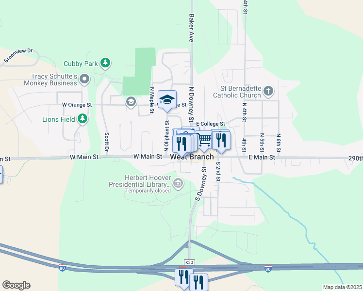 map of restaurants, bars, coffee shops, grocery stores, and more near Poplar Street in West Branch