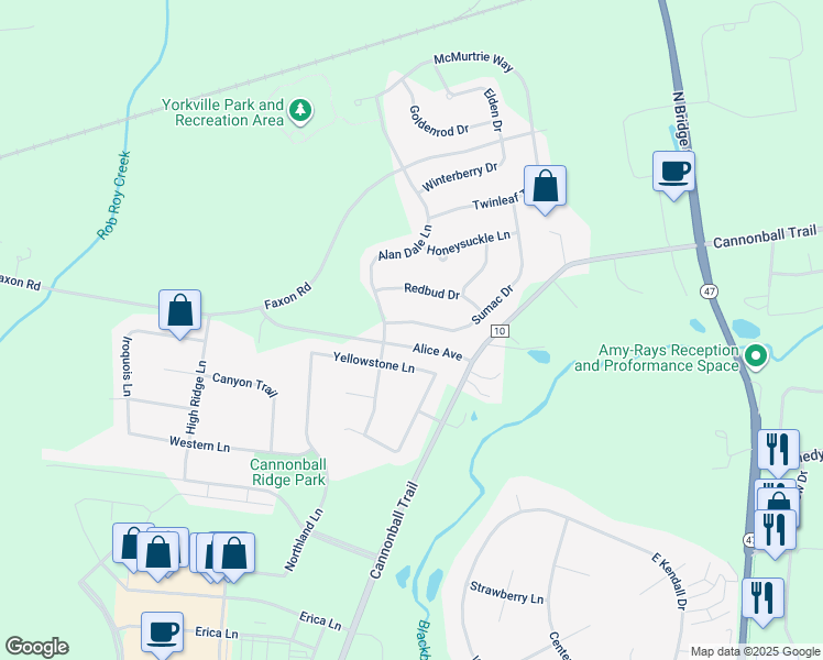 map of restaurants, bars, coffee shops, grocery stores, and more near 2346 Sumac Drive in Yorkville