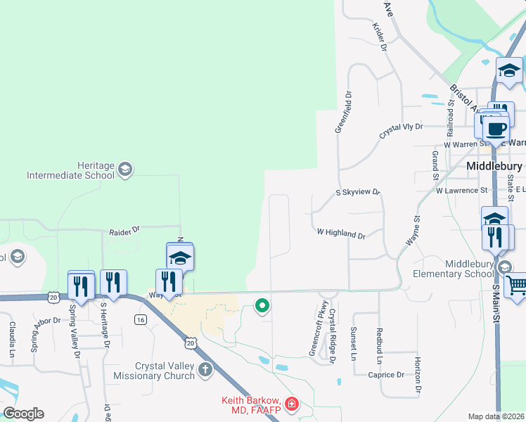 map of restaurants, bars, coffee shops, grocery stores, and more near 311 Twin Oaks Drive in Middlebury