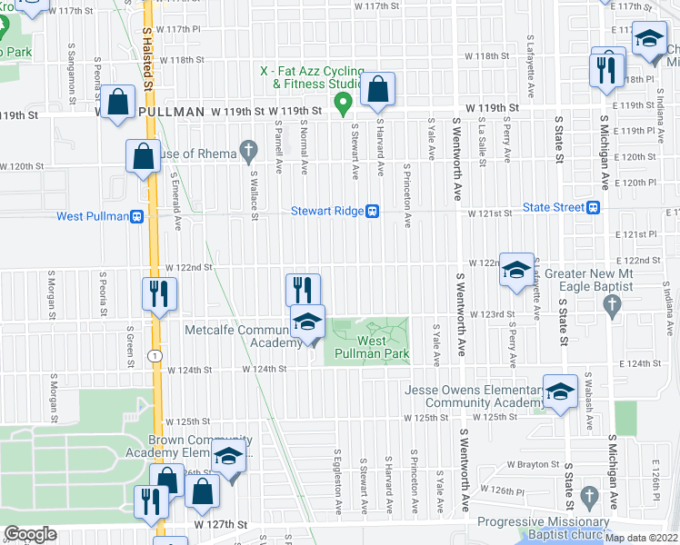 map of restaurants, bars, coffee shops, grocery stores, and more near 12227 South Eggleston Avenue in Chicago
