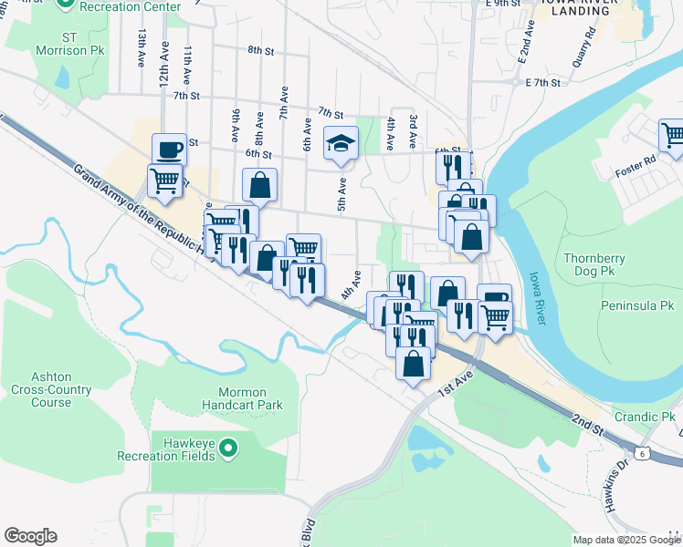 map of restaurants, bars, coffee shops, grocery stores, and more near 401 2nd Street in Coralville
