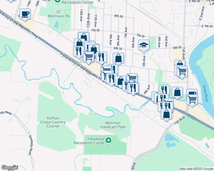 map of restaurants, bars, coffee shops, grocery stores, and more near 107 10th Avenue in Coralville
