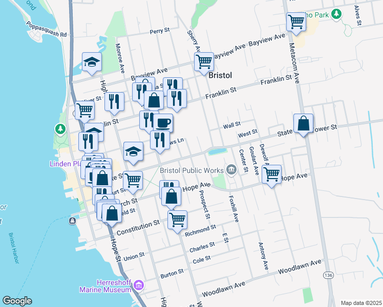 map of restaurants, bars, coffee shops, grocery stores, and more near 24 2nd School Street in Bristol