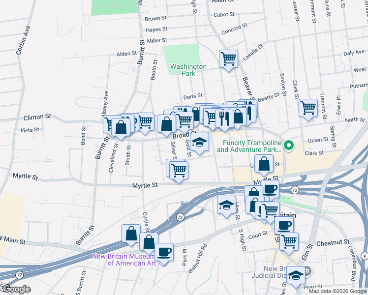 map of restaurants, bars, coffee shops, grocery stores, and more near 89 Orange Street in New Britain