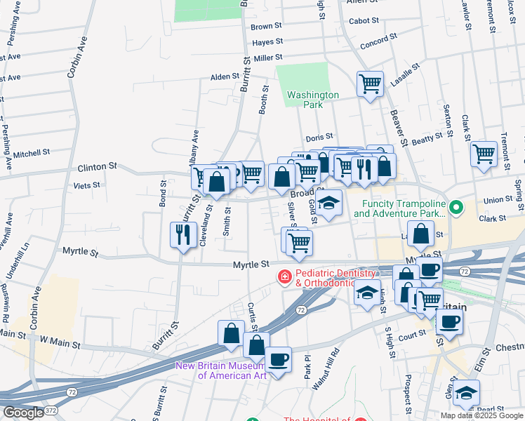map of restaurants, bars, coffee shops, grocery stores, and more near 50 Booth Street in New Britain