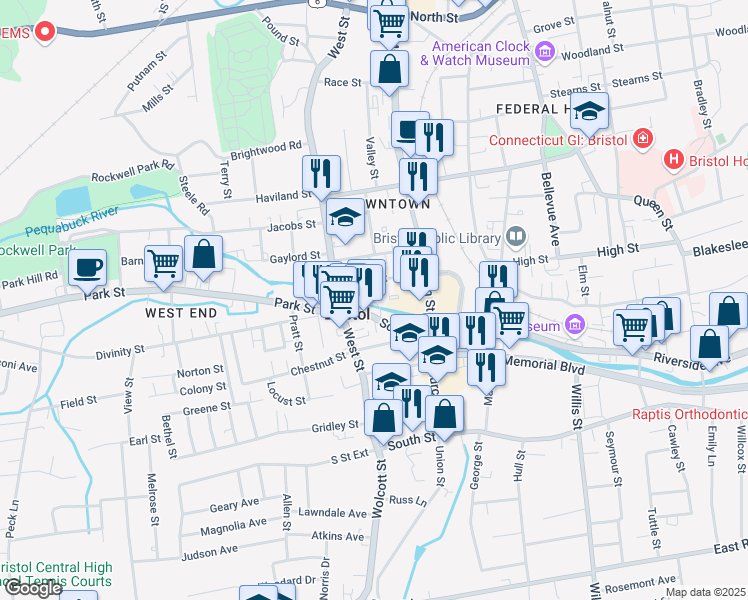 map of restaurants, bars, coffee shops, grocery stores, and more near 149 Connecticut 72 in Bristol